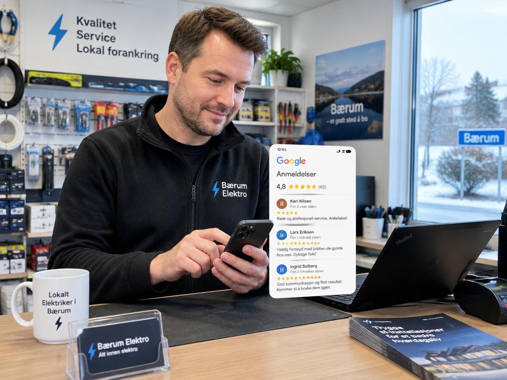 Elektriker sjekker Google-anmeldelser på mobilen